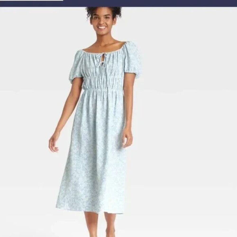 Who What Wear Puff Short Sleeve Smocked Midi Dress - Blue Floral -XXL- NEW